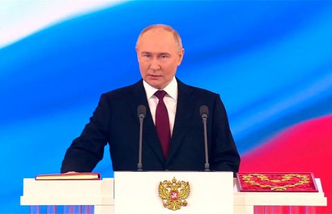 Russian President Vladimir Putin takes an oath during his inauguration ceremony at the Kremlin.